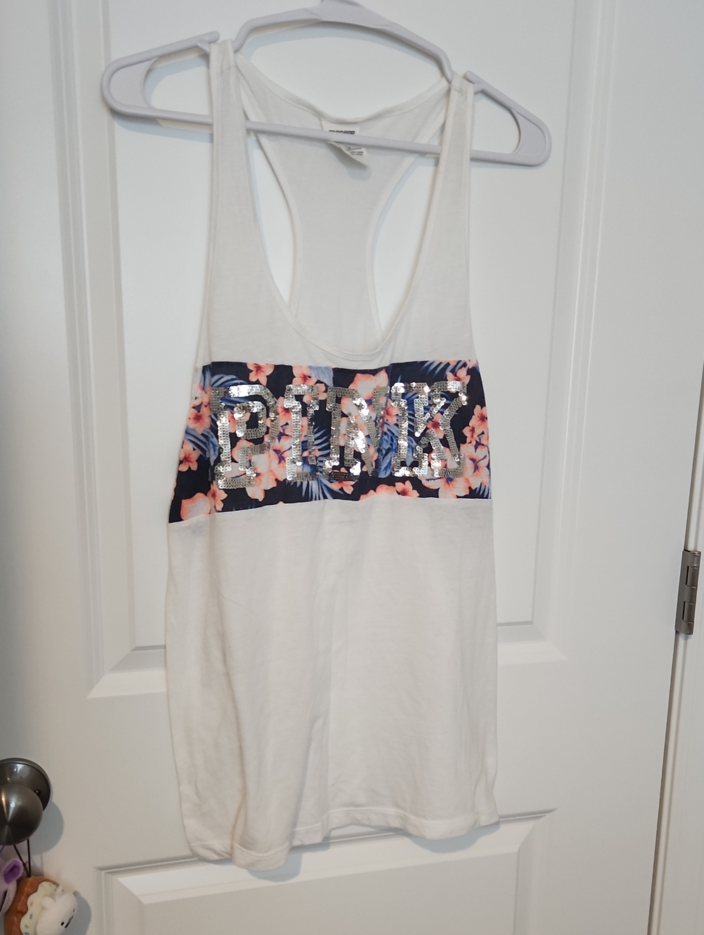 PINK Victoria's Secret White Racerback Tank with Navy Floral Sequin Logo